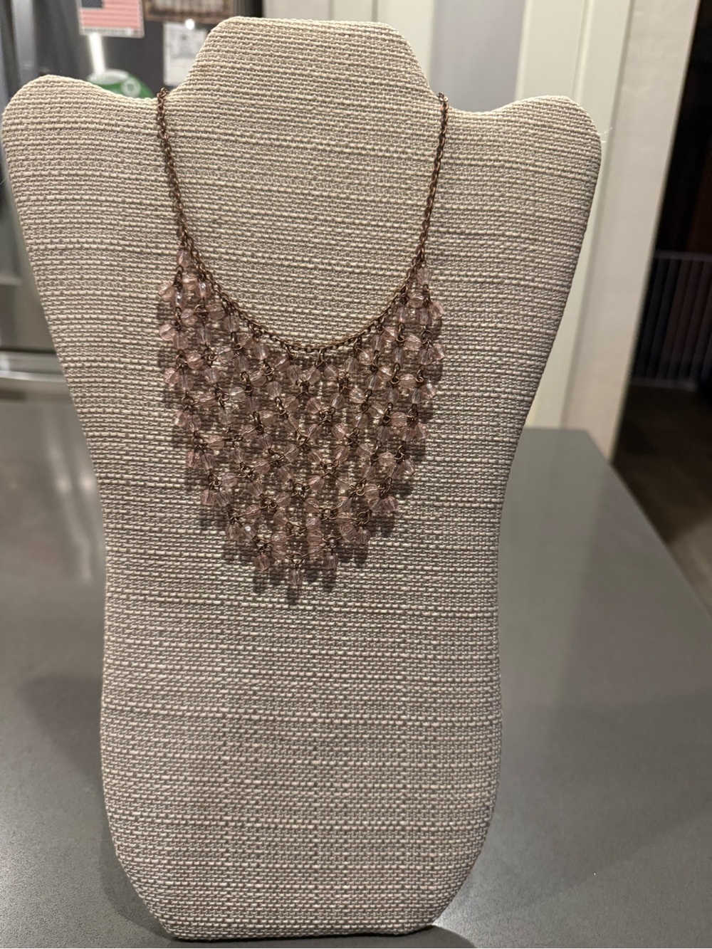 Delicate Pink Beaded Fringe Necklace in Rose Gold